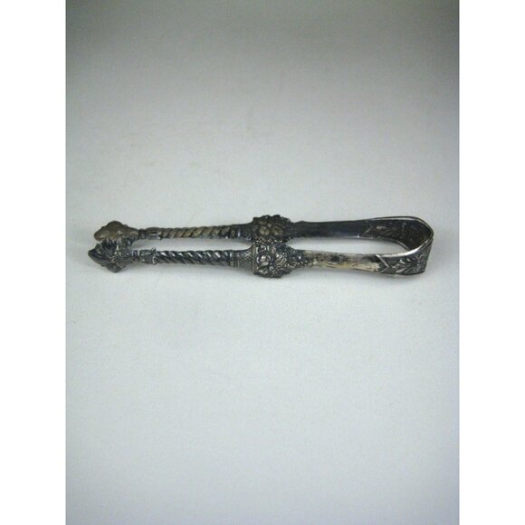Antique Silver Ornate Sugar Tongs Floral Twisted Rope Design Cornucopia Urn - Picture 6 of 8